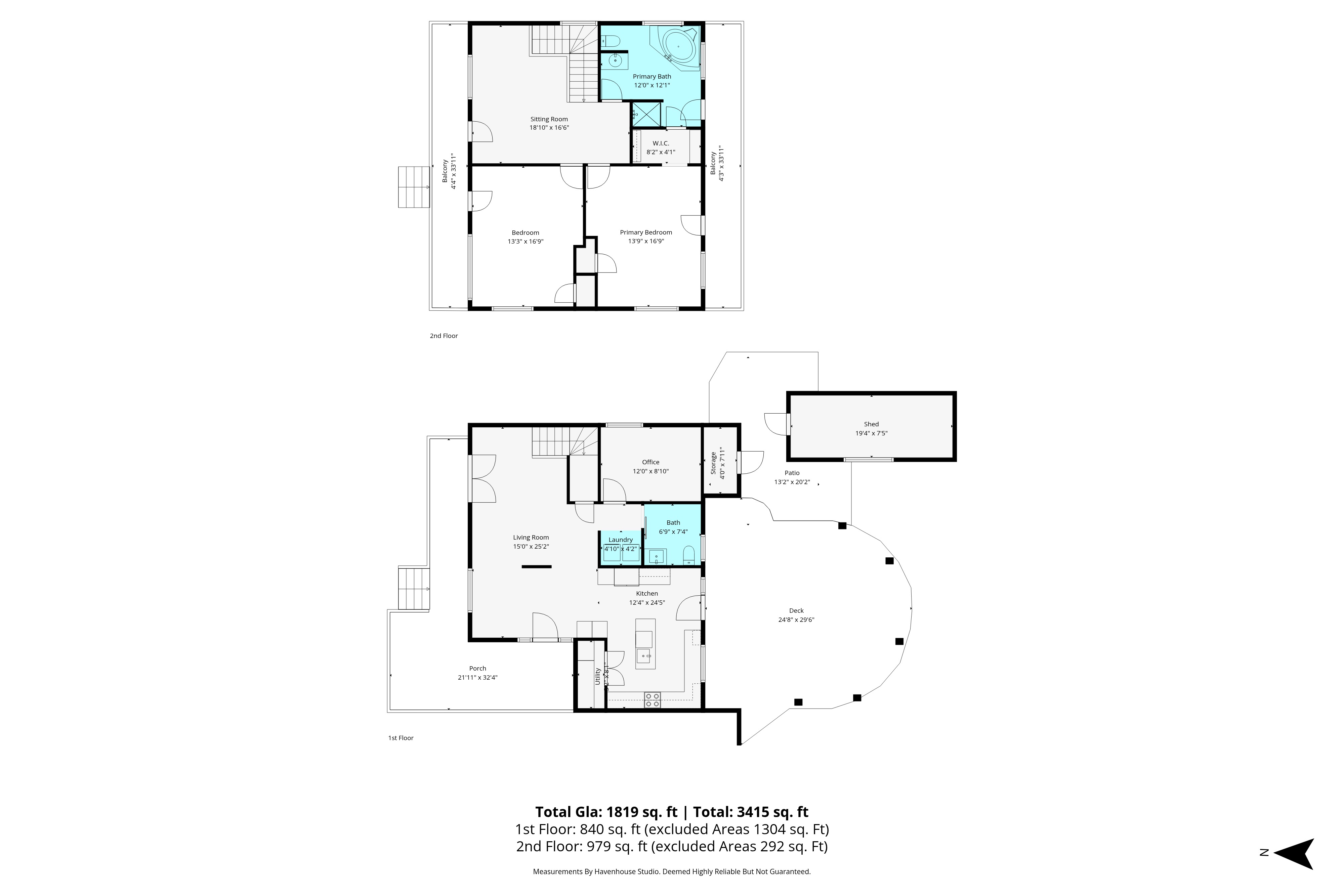 Floor plan for 1127 Columbia St showing main-floor living room, kitchen, office, laundry and wet-room bath plus upper-floor primary suite with walk-in closet, second bedroom, sitting room and dual balconies