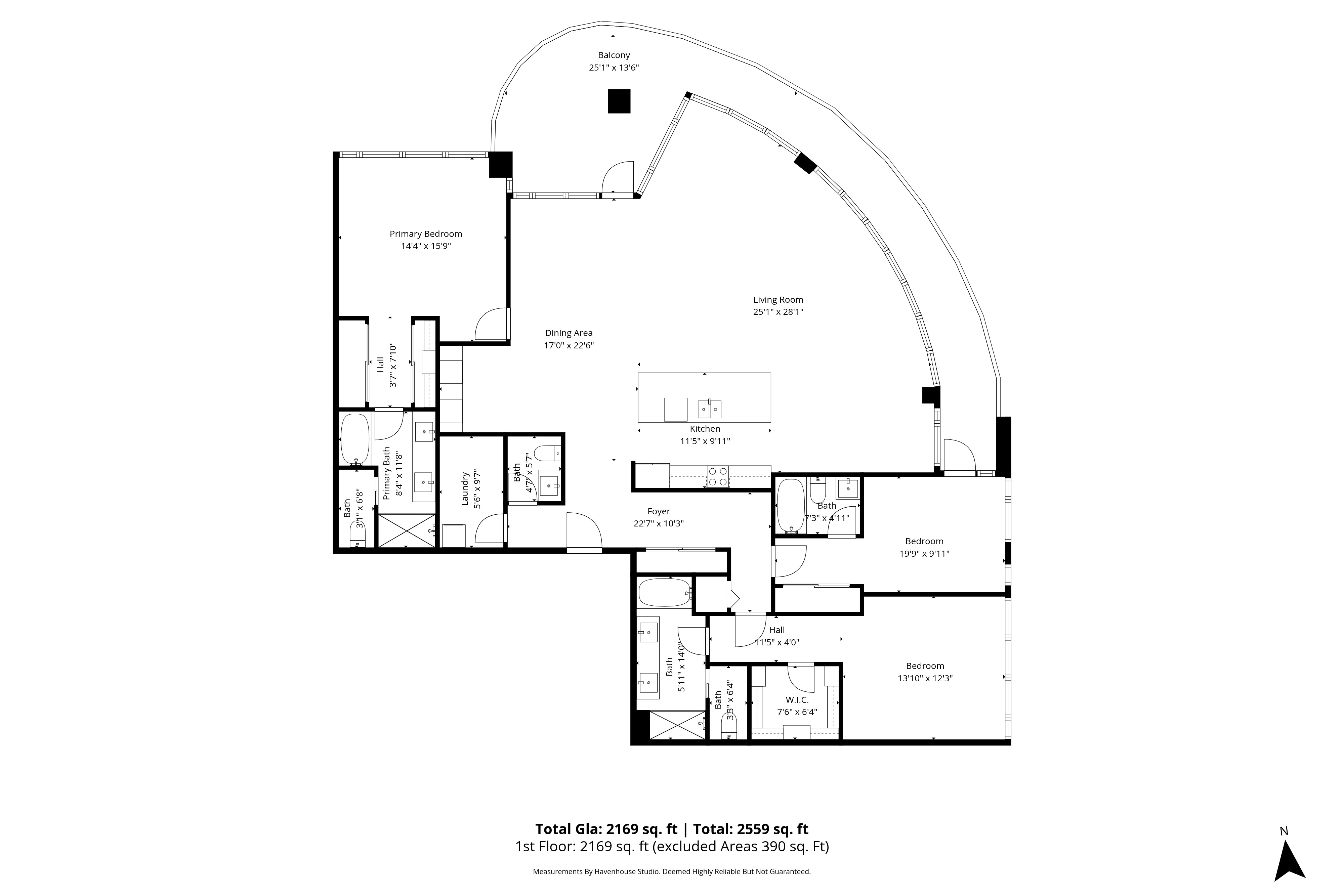 Floor plan of 1403-1232 Ellis Street, 2169 sq ft 3-bed 3-bath