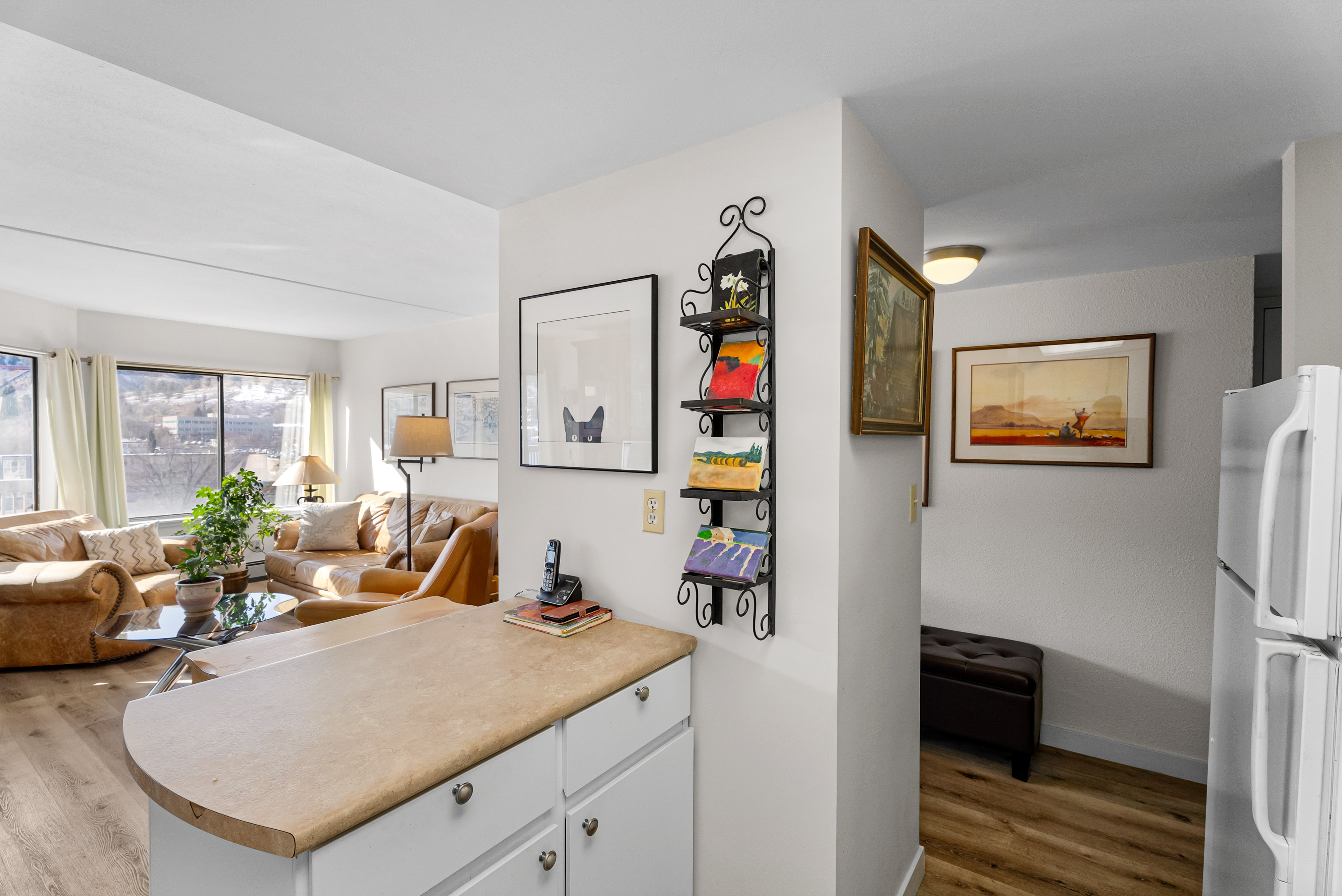 Open-plan kitchen and living area with city view