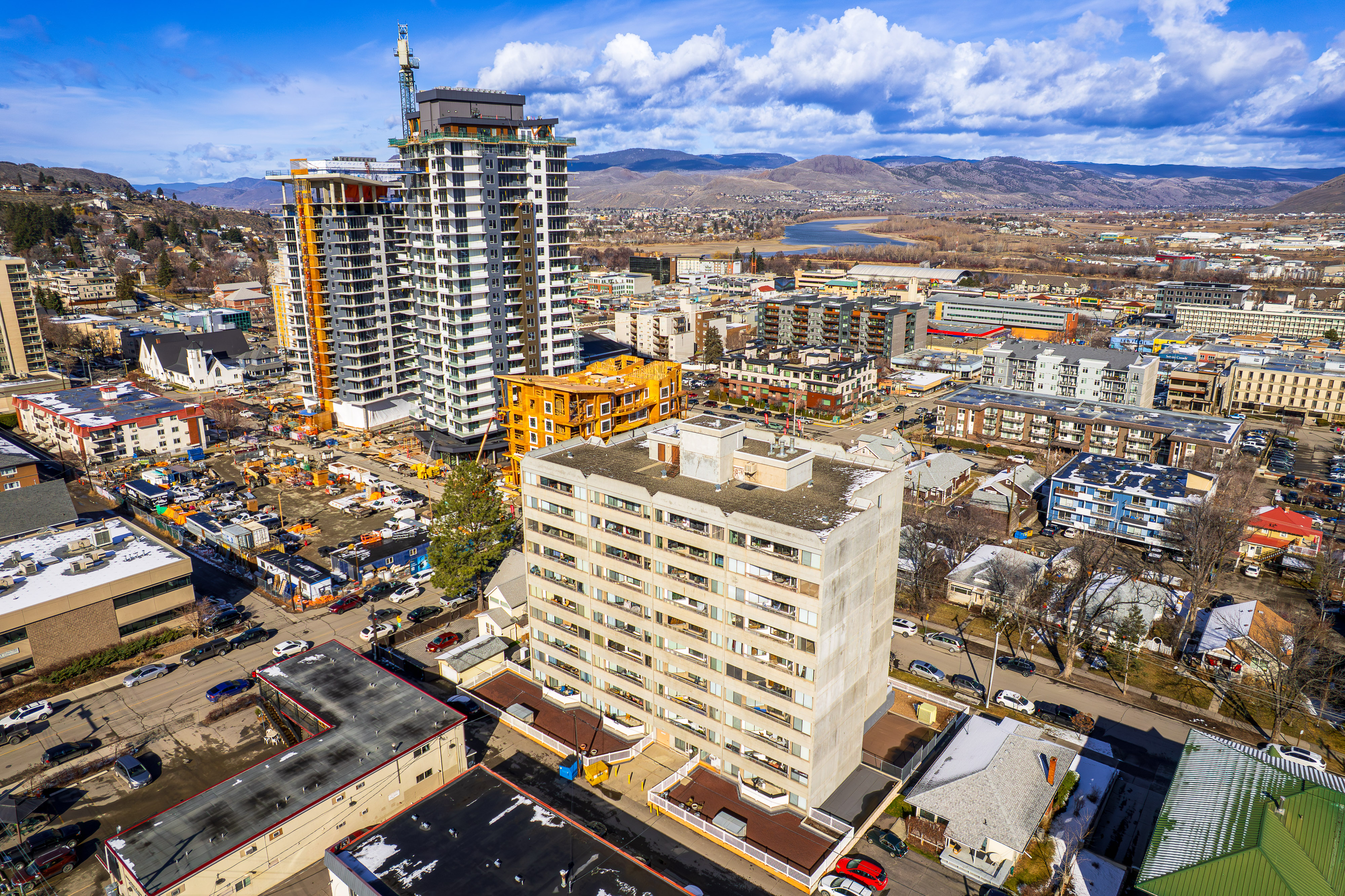 Aerial view of Nicola Towers in downtown South Kamloops