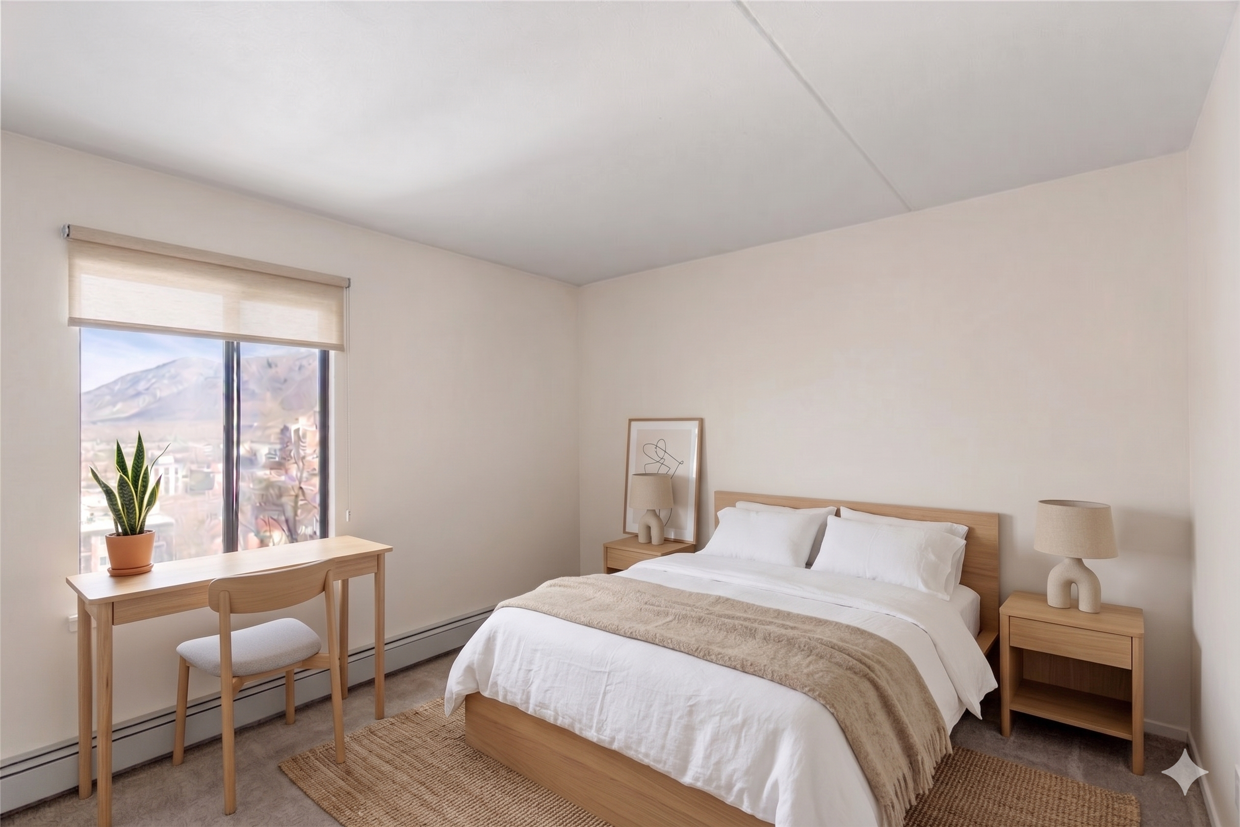 Virtually staged bedroom with bed, nightstands and a mountain view through the window