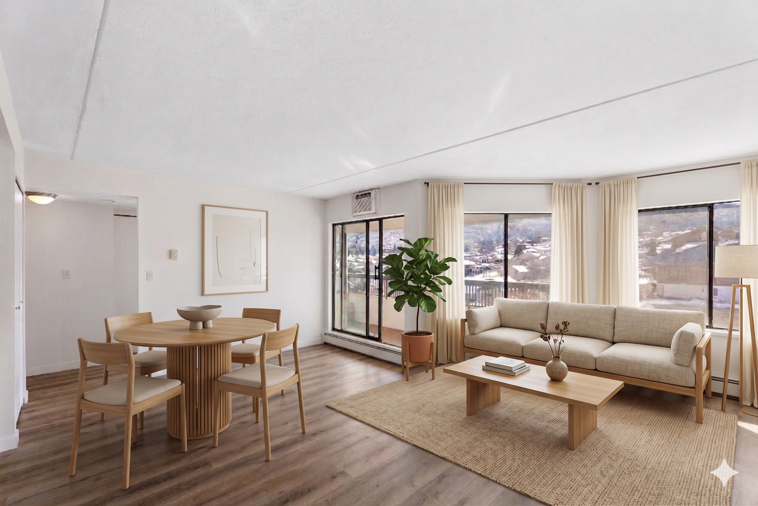 Virtually staged living and dining area with light wood furniture and view